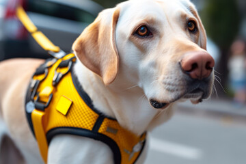 guide dog labrador in yellow harness generative ai - obrazy, fototapety, plakaty