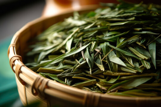 freshly cut green tea leaves on a wooden tray close-up generative ai