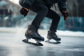 legs of a man in skates close-up slide on the ice on the rink generative ai
