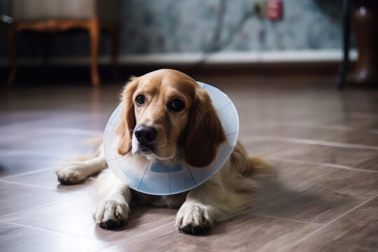 a dog in a veterinary protective collar lies on a pow in the living room generative ai generative ai