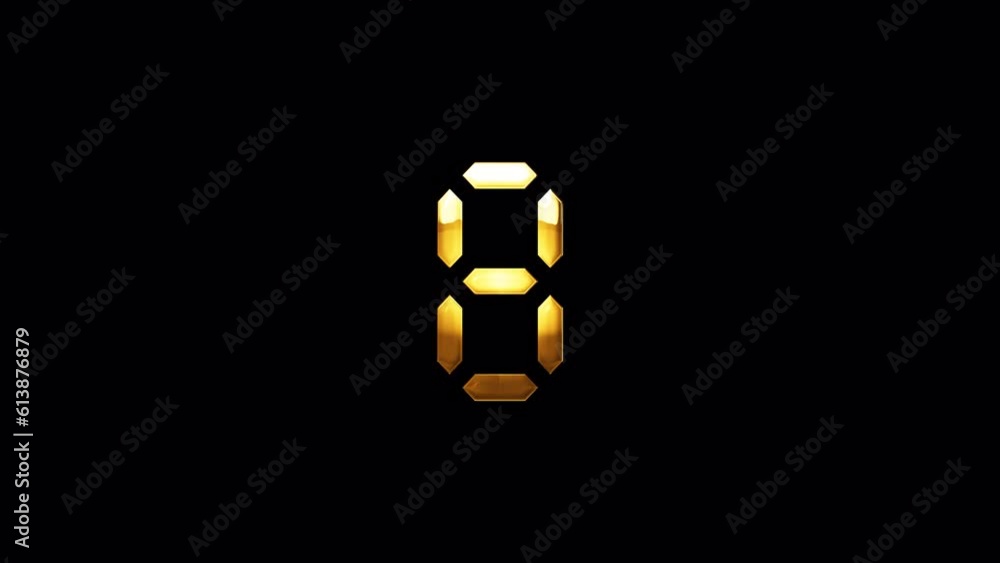Poster loop digital number eight golden shine light motion text with glitch effect animation on black abstr