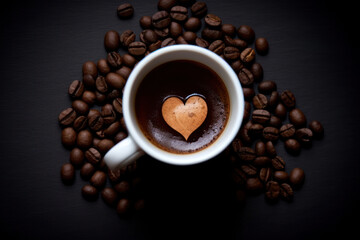 a cup of coffee with a heart and coffee grains on a dark background top view, morning favorite drink. generative ai