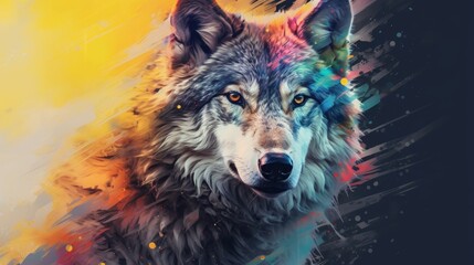 Abstract portrait of an wolf with colorful paint. Generative AI