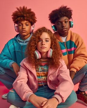 Generative AI image of group of multiethnic teenage friends in trendy clothes looking at camera while sitting against pink background