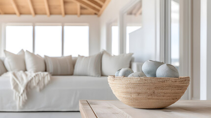 Fototapeta na wymiar Relaxing Summer Beach House Living Room with Ocean View
