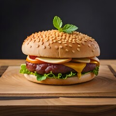 Burger with salad meat and tomato on a neutral background created and generated by AI