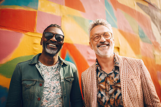 Generative AI illustration of diverse bearded men in casual clothes and sunglasses standing near colorful wall on sunny day and laughing happily