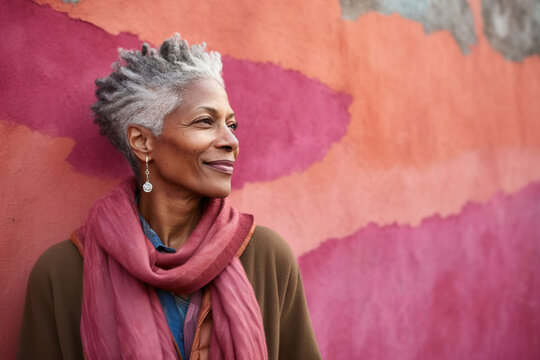 Generative AI illustration of mature African American female with grey hair and in casual outfit having and looking away against pink and orange wall