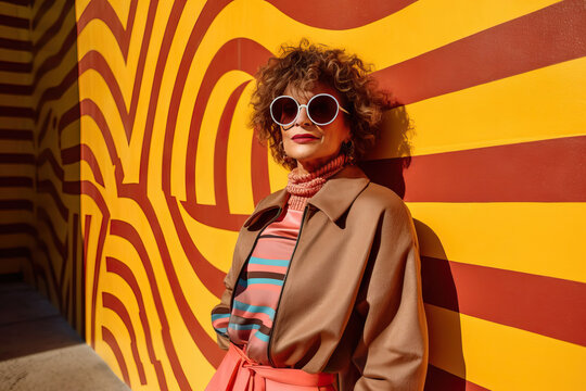 Generative AI illustration of confident young female in trendy outfit and sunglasses standing near colorful wall with yellow and orange stripped graffiti