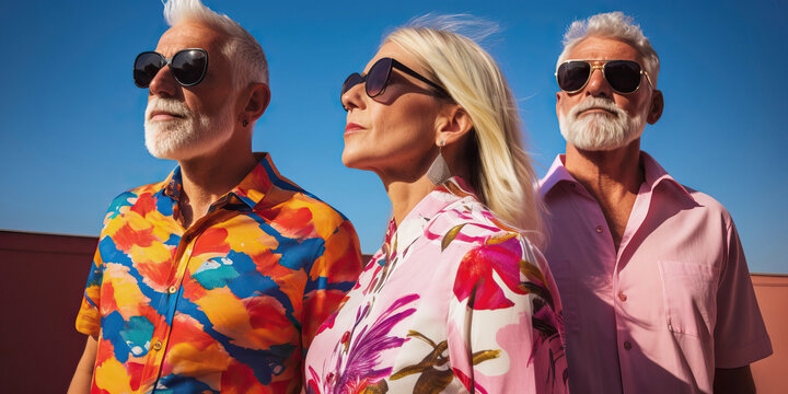 Generative AI illustration portrait of twin elderly men and blonde woman in trendy casual clothes with sunglasses standing against cloudless blue sky