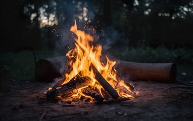 Campfire with logs against the background of the evening forest. AI, Generative AI