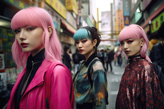 Generative AI illustration portrait of young Asian women with multicolored hair and bright makeup looking at camera while standing in city street