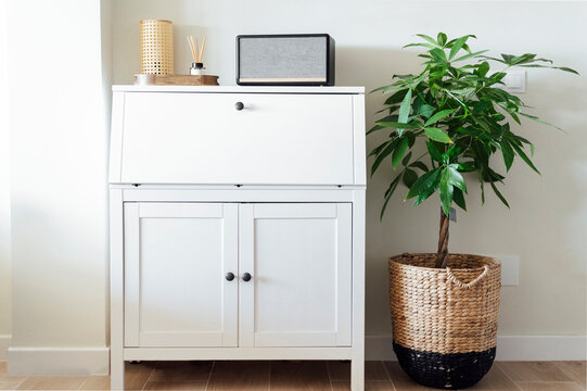 Cabinet with shelf and doors in corner of room