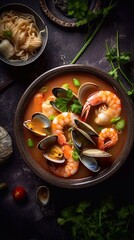 Fototapeta na wymiar Noodle soup with shrimps on dark table. Asian cuisine. Top view. Generative AI
