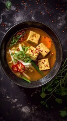 Spicy tofu soup in bowl on dark background. AI generated