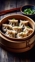  Traditional japaneese gyoza dumplings with chopped green onions in bamboo steamer  on wooden table. Top view. AI generated