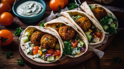 Falafel with pita breads, with greens, vegetables and sause, wooden background. AI generated