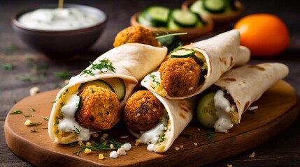 Falafel wraps with greens, sliced cucumbers and sauce on wooden background. AI generated