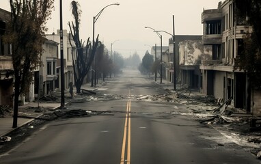 Obraz premium A road in a dilapidated smoky city with burned-out buildings. AI, Generative AI