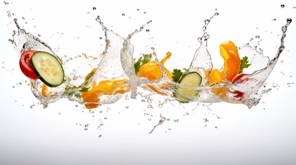 Fototapeta na wymiar Vegetables water splash on white background. AI generation