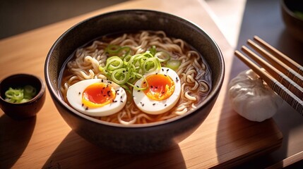 Asian ramen soup with meat, egg, chives and spices. Top view. AI generated