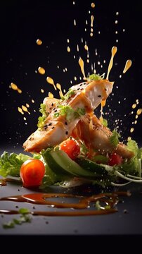 Flying chicken salad with vegetables, green salad and sauce. AI generated