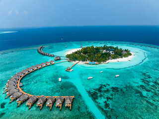 Aerial View, Maldives, North Malé Atoll, Indian Ocean, Thulhagiri Island Resort with Water Bungalows - obrazy, fototapety, plakaty