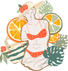 Summer card or banner design with marble statue surrounded by exotic fruits and beach holiday supplies. Summer sticker or card.