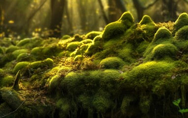 Fototapeta premium Picturesque wildlife, thick of the forest. Beautiful green moss on the stones and roots of trees. AI, Generative AI