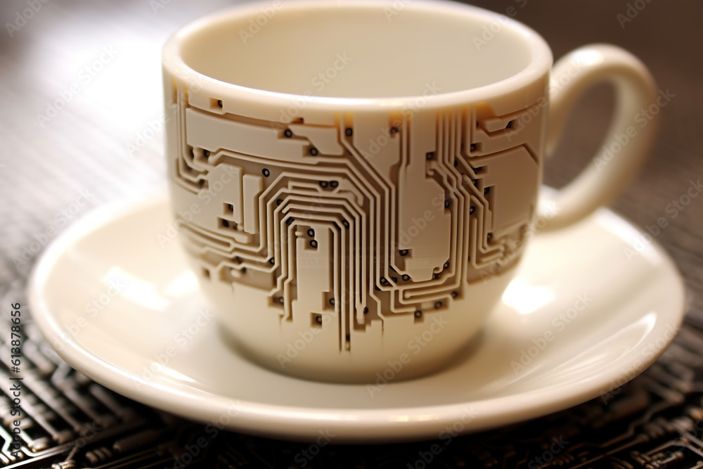 Poster a coffee cup with a circuit printed on it. generative ai.