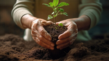 Elderly, Senior woman holds a plant in her hands, transplants, a home hobby, a flower in the ground. generative AI.