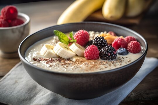 Close-up of an enticing banana and almond butter smoothie bowl with berries. Delicious alkaline diet breakfast or dessert
