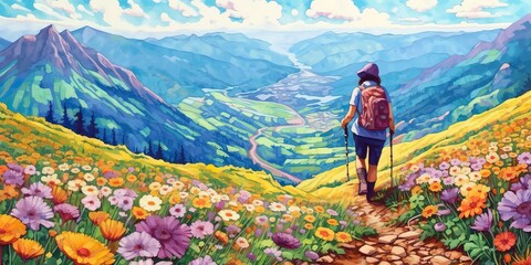 AI Generated. AI Generative. Woman person illustration adventure journey hiking. Mountains nature outdoor activity lifestyle. Graphic Art