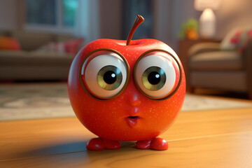 Red fresh apple on wooden table. Generative AI. Funny cartoon fruit with eyes. Apple day, Saint George's Day. Healthy food for children. Cute Image for packaging, kid friendly food, cafe