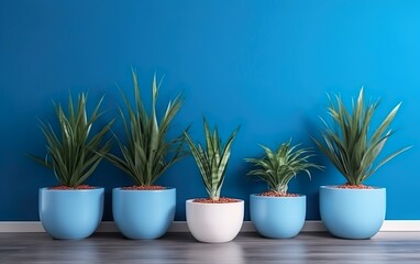 Fototapeta premium Cactus in a blue pot on blue background. AI, Generative AI