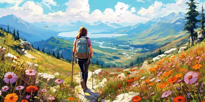 AI Generated. AI Generative. Woman person illustration adventure journey hiking. Mountains nature outdoor activity lifestyle. Graphic Art