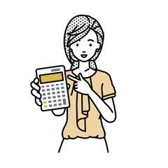 立って電卓を持ってこちらに向けて見せているオフィスカジュアルの女性