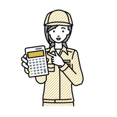 立って電卓を持ってこちらに向けて見せている作業員の女性