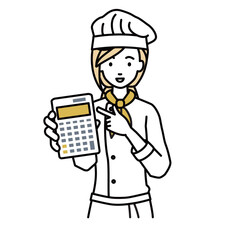 立って電卓を持ってこちらに向けて見せている調理師の女性