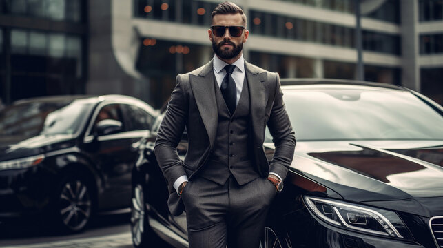 Confident male businessman in sleek suit poses with a modern luxury car, embodying success and sophistication. beard generative AI.
