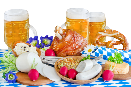 Oktoberfest mit Bier, Haxe, Weisswurst, Radi  und Bayerische Flagge Hintergrund transparent PNG cut out