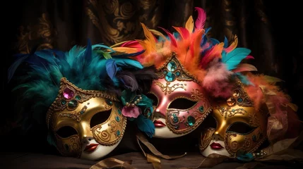 Foto op Plexiglas  two colorful masks with feathers on a black background with a gold ribbon.  generative ai © Natalja