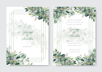 Beautiful wedding invitation card with floral and leaves wreath template