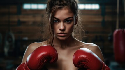 Powerful portrait of a female boxer, exuding strength and determination, embodying the spirit of female empowerment. feminism generative AI.