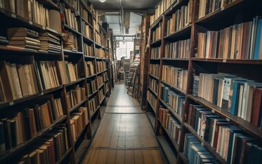 Corridor from bookcases in the library. AI, Generative AI