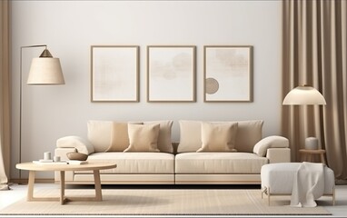 Modern living room with sofa, grey wall and paintings. AI, Generative AI