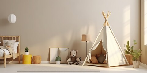 AI Generated. AI Generative. Children bedroom living play room. Cozy decoration wall mock uo with wigwam. Graphic Art