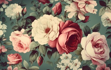 Red and white roses wintage background. AI, Generative AI 