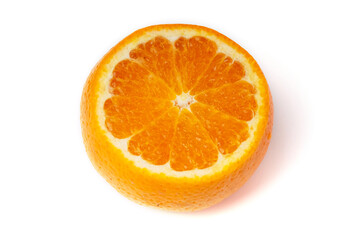 The orange fruit is isolated on a white background with orange slices.
