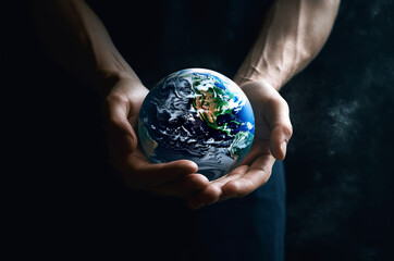 Earth holding in human hands. Earth day. Ecology. Energy saving concept. Generative ai
